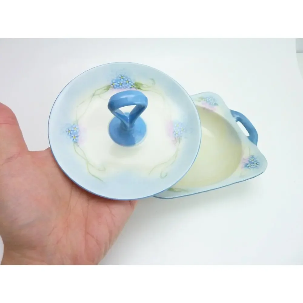 Vintage Made in Japan Blue Forget Me Not Covered Candy Dish Bowl Lidded Handle